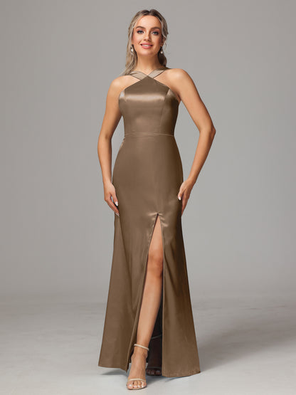 Halter Sleeveless Soft Satin Bridesmaid Dress