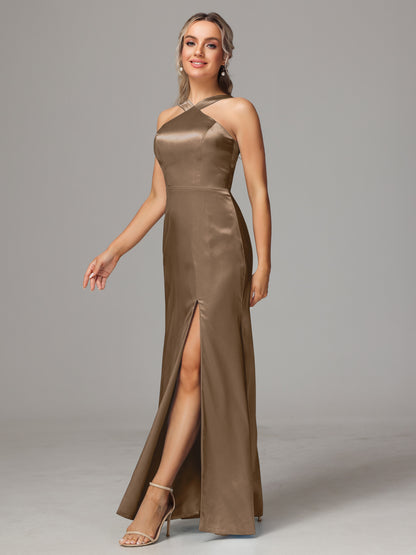Halter Sleeveless Soft Satin Bridesmaid Dress