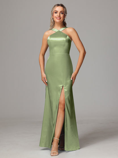 Halter Sleeveless Soft Satin Bridesmaid Dress
