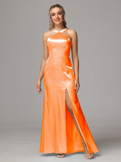 Halter Sleeveless Soft Satin Bridesmaid Dress