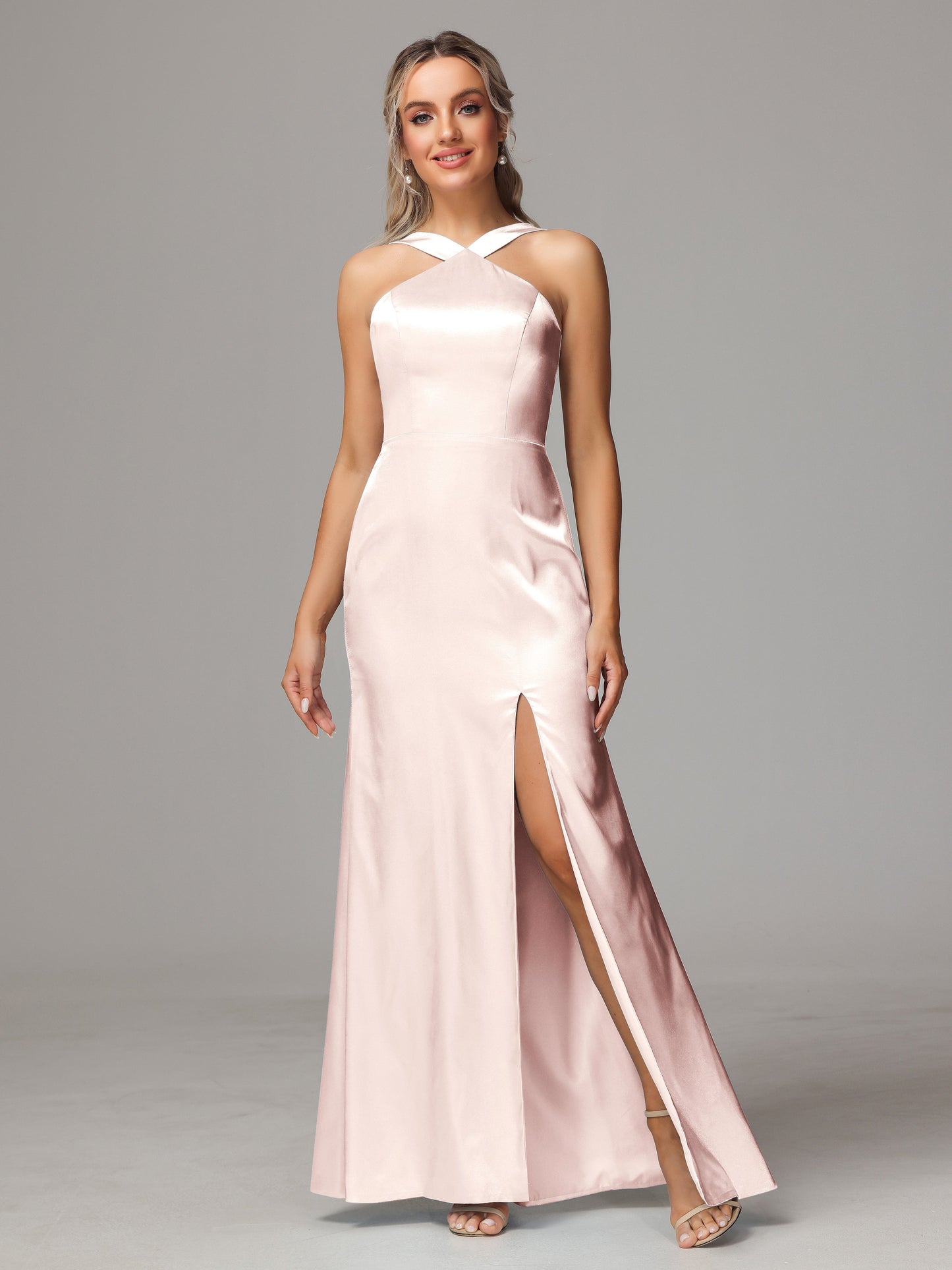 Halter Sleeveless Soft Satin Bridesmaid Dress