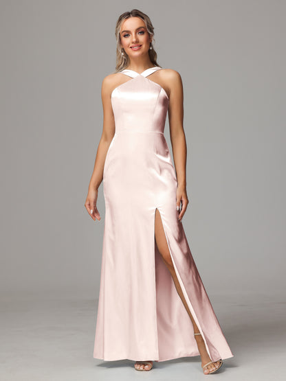 Halter Sleeveless Soft Satin Bridesmaid Dress