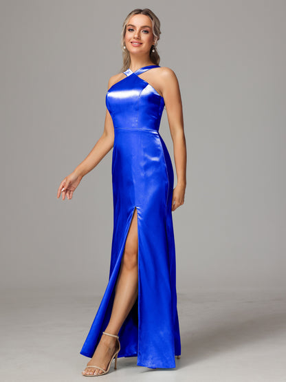 Halter Sleeveless Soft Satin Bridesmaid Dress