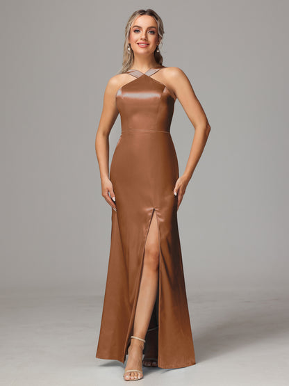 Halter Sleeveless Soft Satin Bridesmaid Dress
