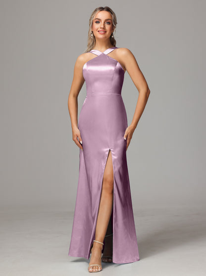 Halter Sleeveless Soft Satin Bridesmaid Dress
