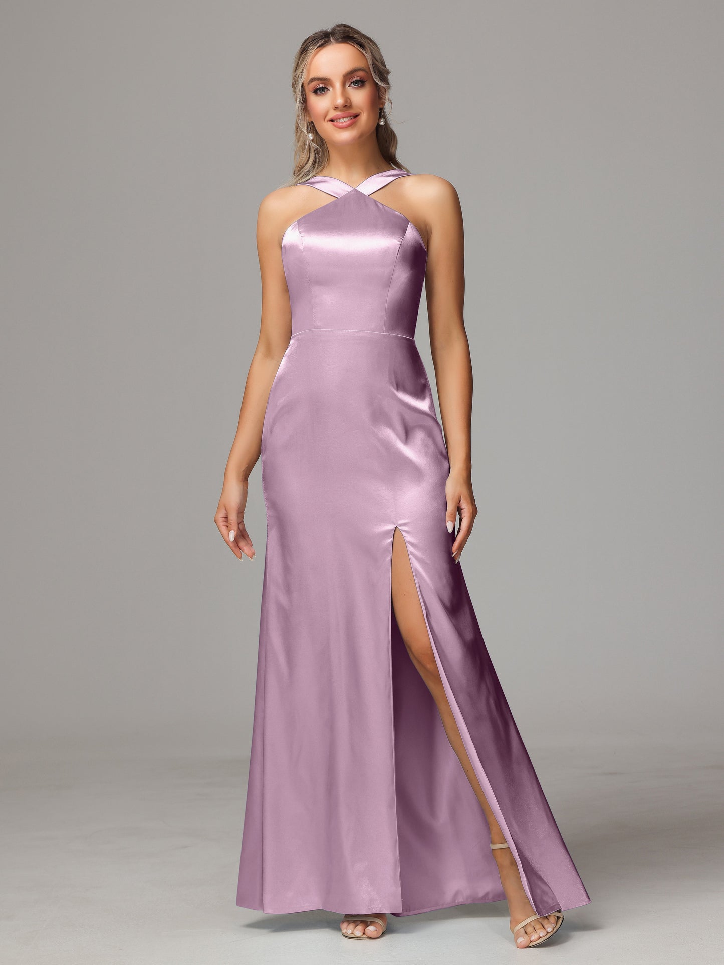 Halter Sleeveless Soft Satin Bridesmaid Dress