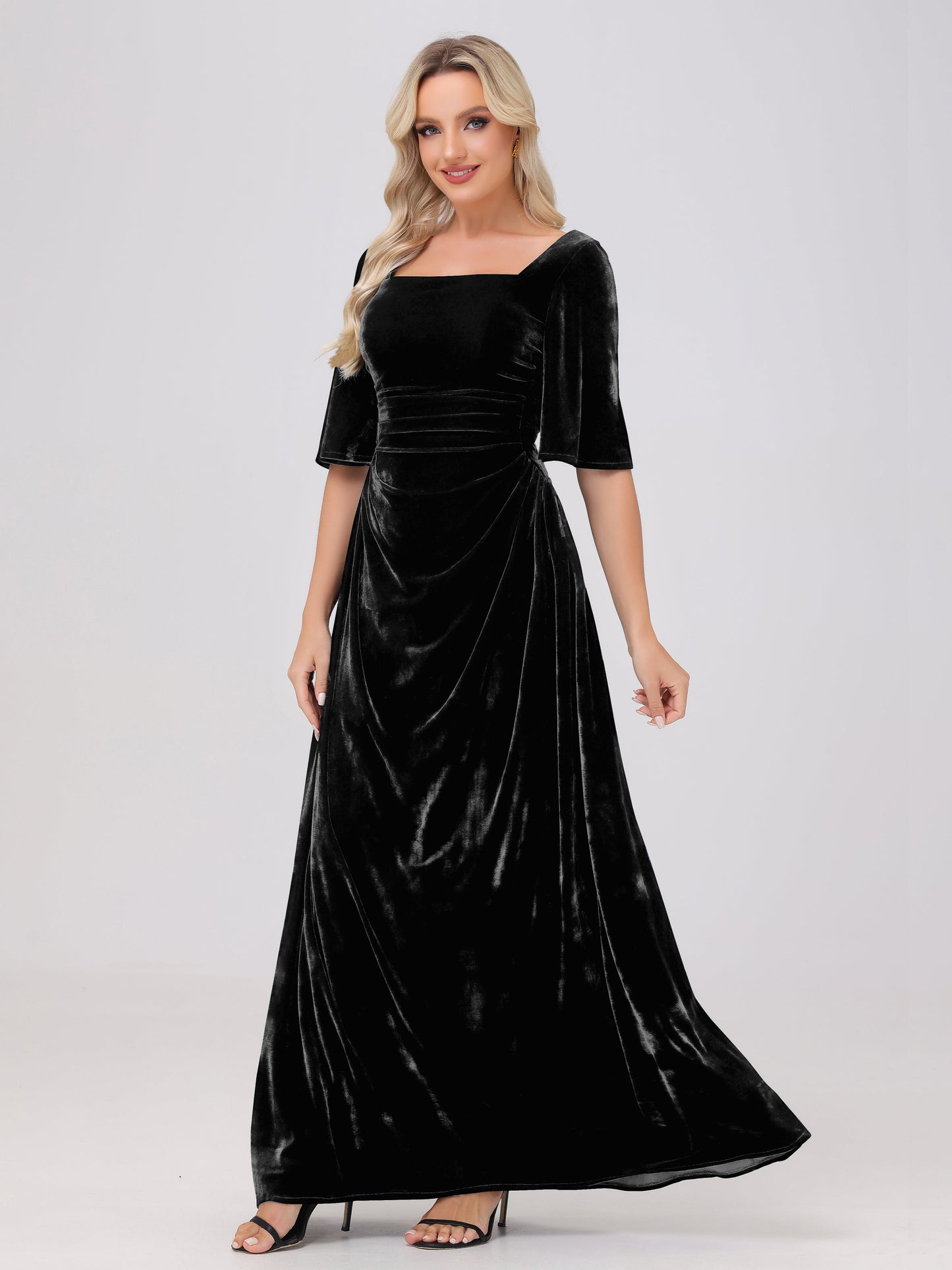 Half Sleeves Square Neck Velvet Bridesmaid Dresses