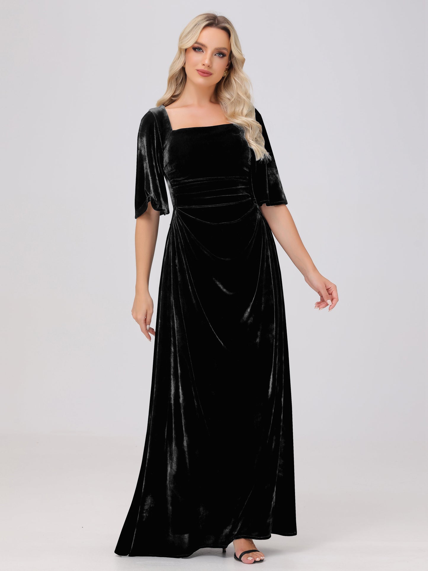 Half Sleeves Square Neck Velvet Bridesmaid Dresses
