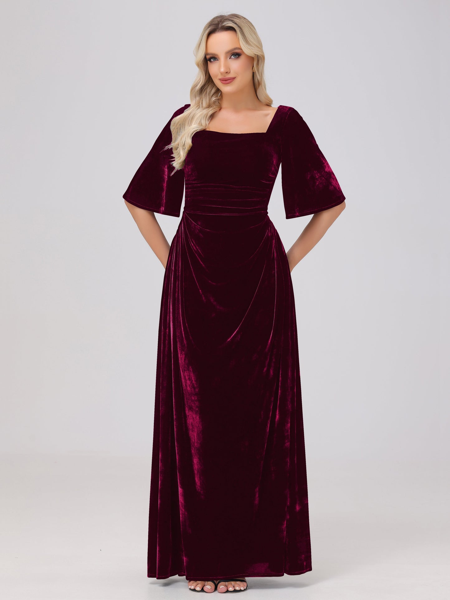 Half Sleeves Square Neck Velvet Bridesmaid Dresses