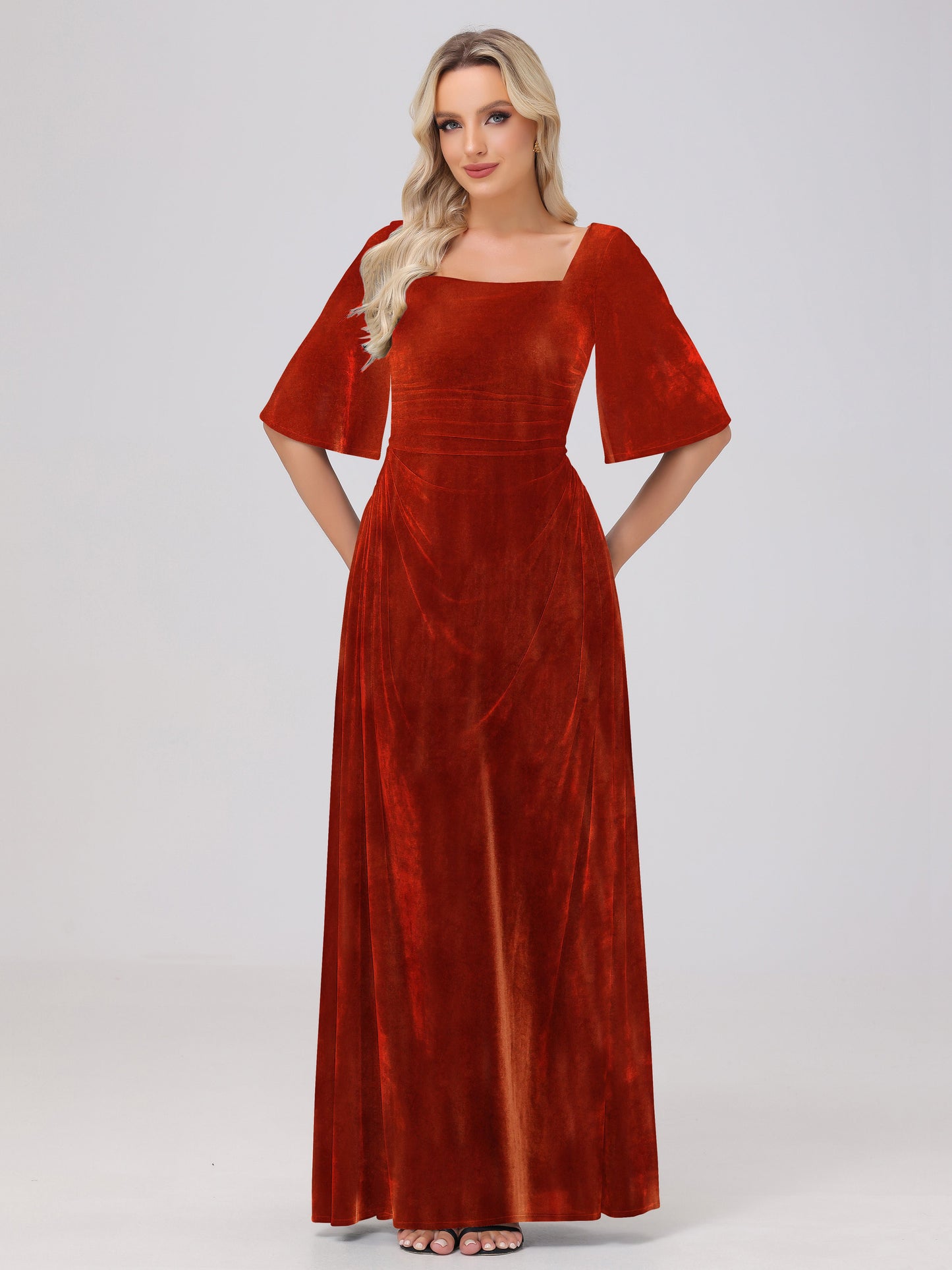 Half Sleeves Square Neck Velvet Bridesmaid Dresses