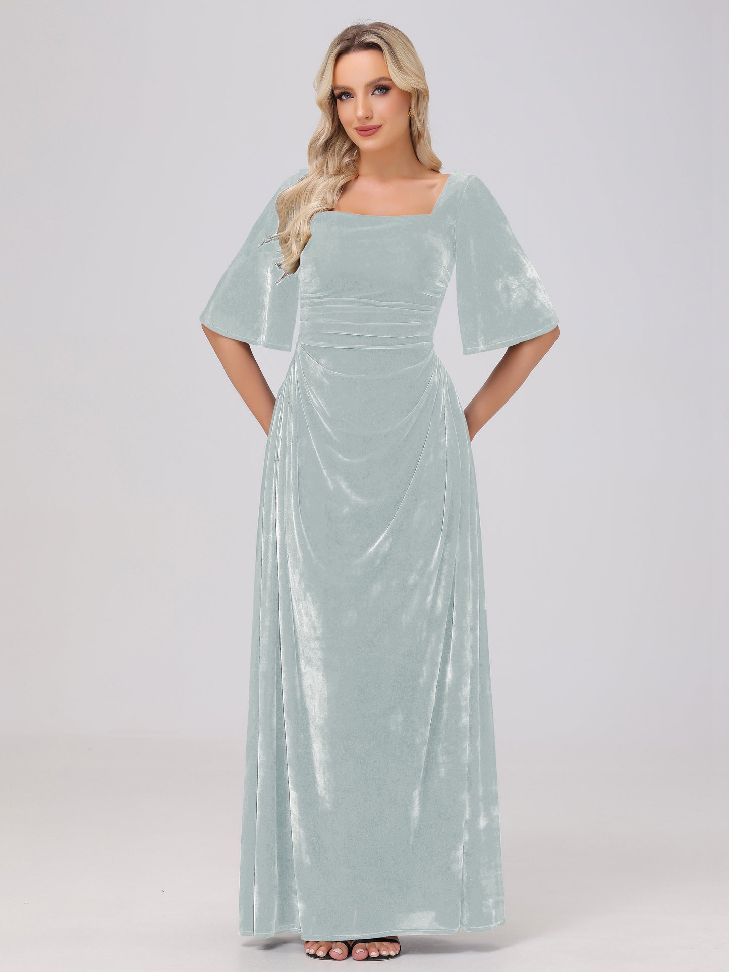 Half Sleeves Square Neck Velvet Bridesmaid Dresses