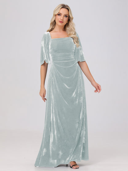 Half Sleeves Square Neck Velvet Bridesmaid Dresses