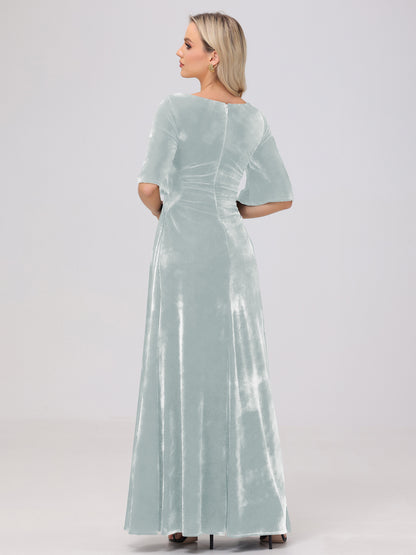 Half Sleeves Square Neck Velvet Bridesmaid Dresses