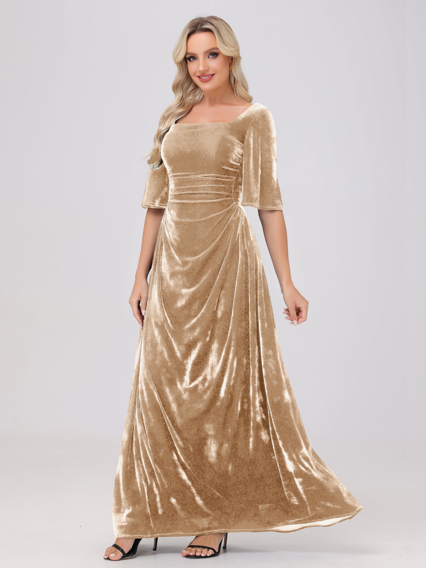 Half Sleeves Square Neck Velvet Bridesmaid Dresses