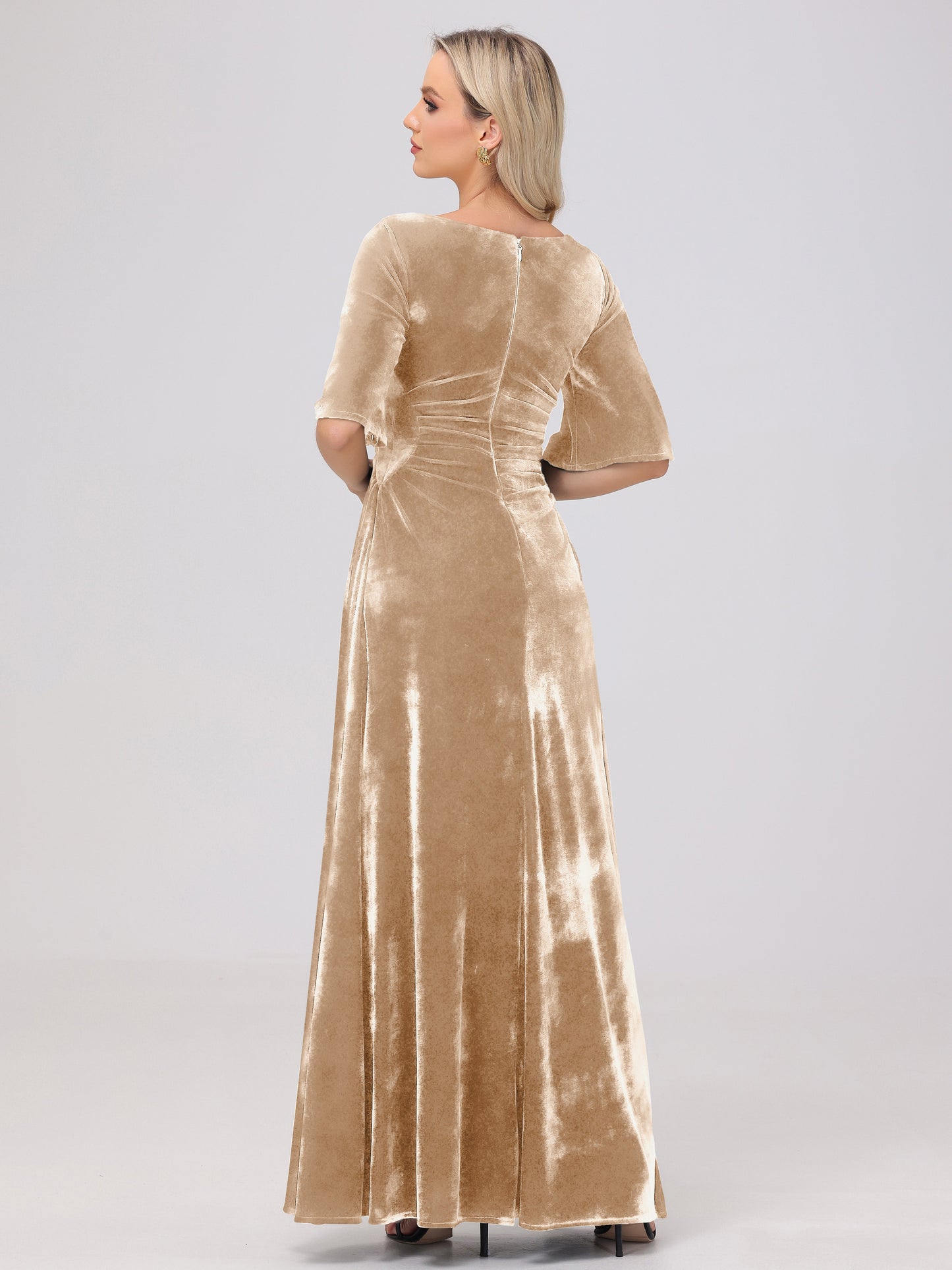 Half Sleeves Square Neck Velvet Bridesmaid Dresses