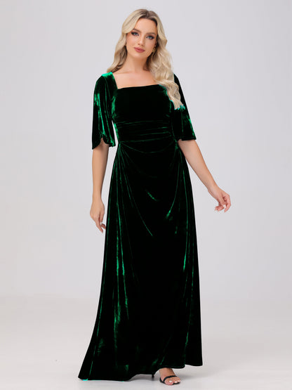Half Sleeves Square Neck Velvet Bridesmaid Dresses