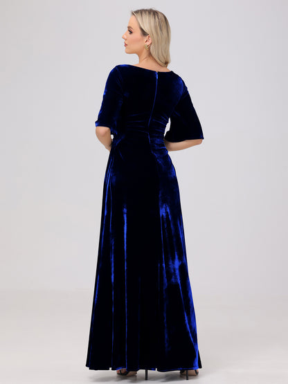 Half Sleeves Square Neck Velvet Bridesmaid Dresses