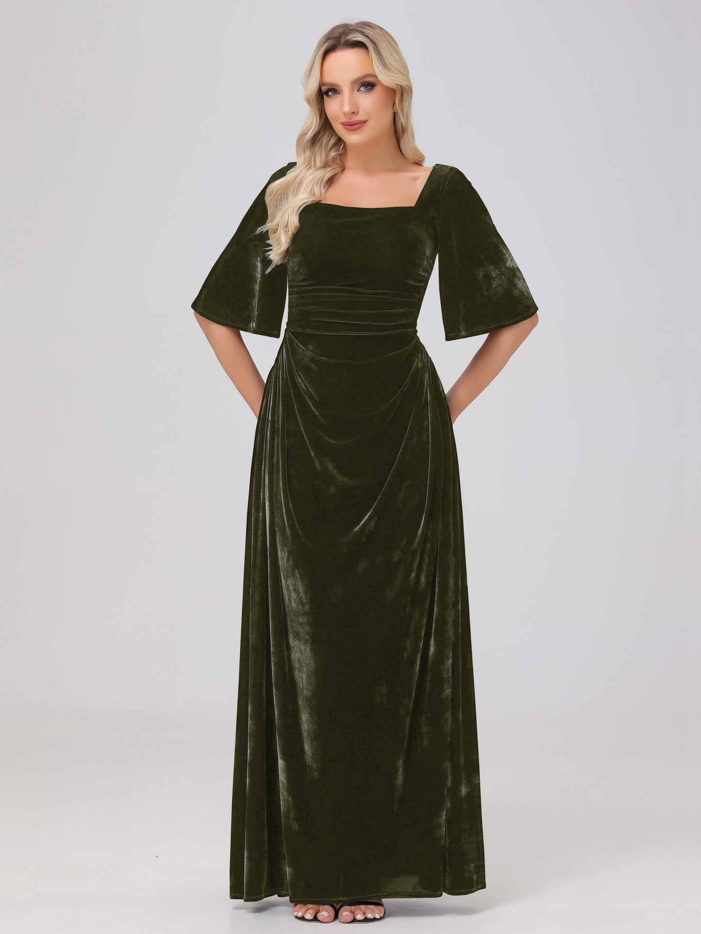 Half Sleeves Square Neck Velvet Bridesmaid Dresses