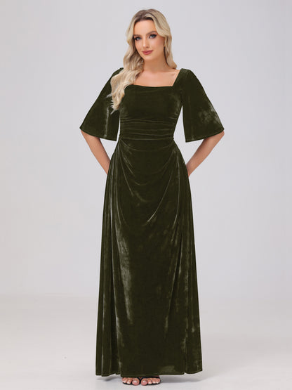 Half Sleeves Square Neck Velvet Bridesmaid Dresses