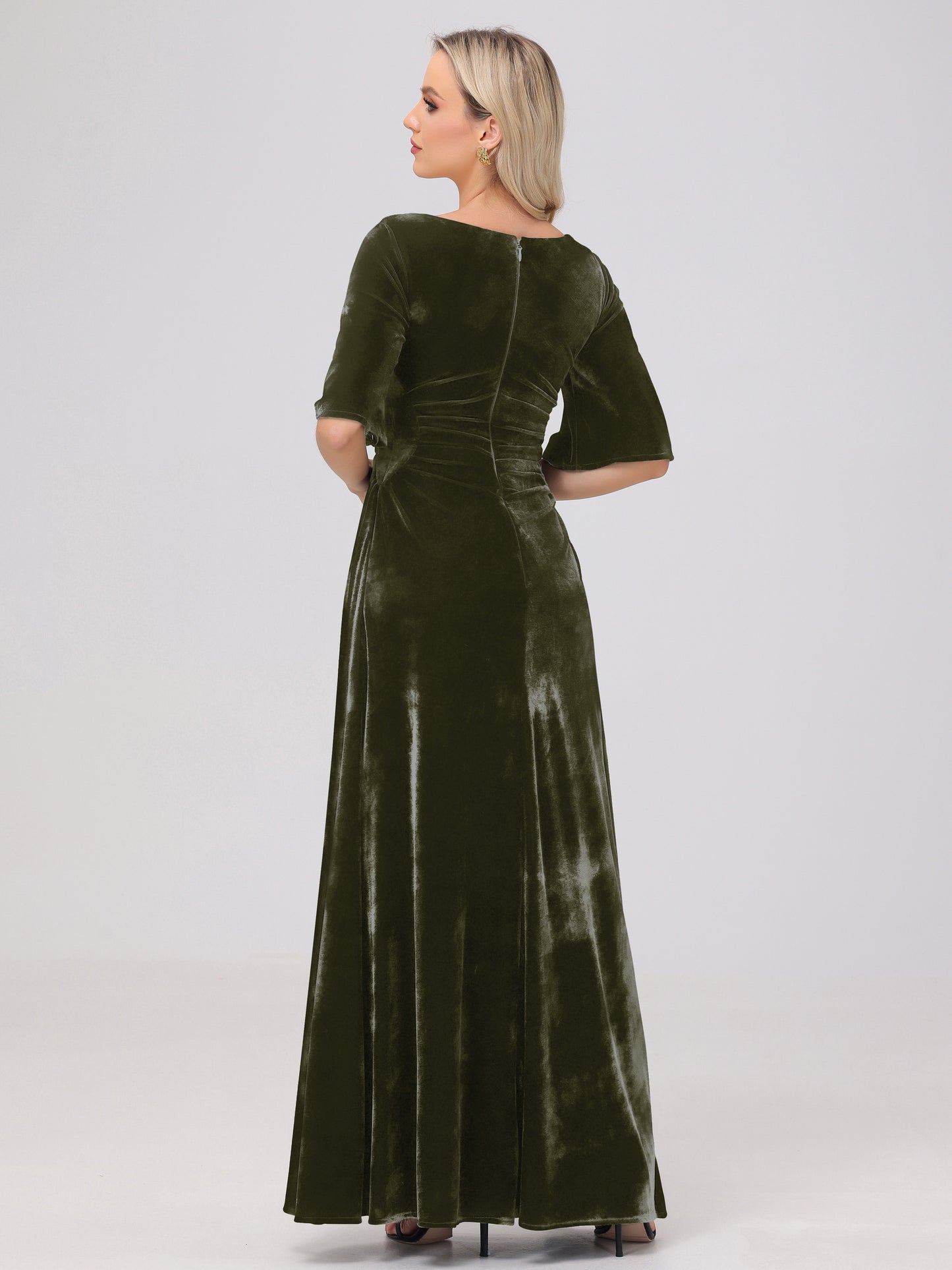 Half Sleeves Square Neck Velvet Bridesmaid Dresses