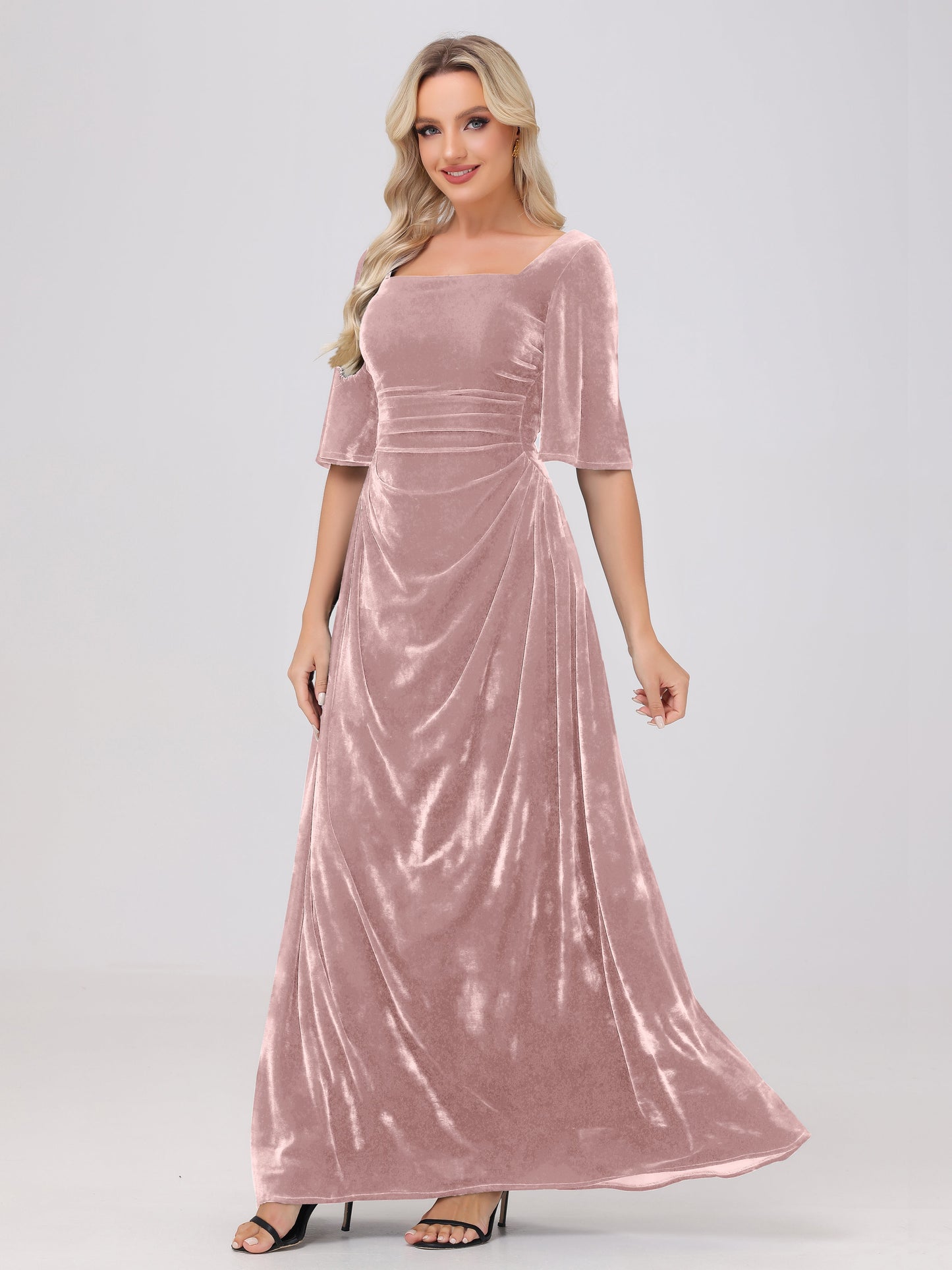 Half Sleeves Square Neck Velvet Bridesmaid Dresses