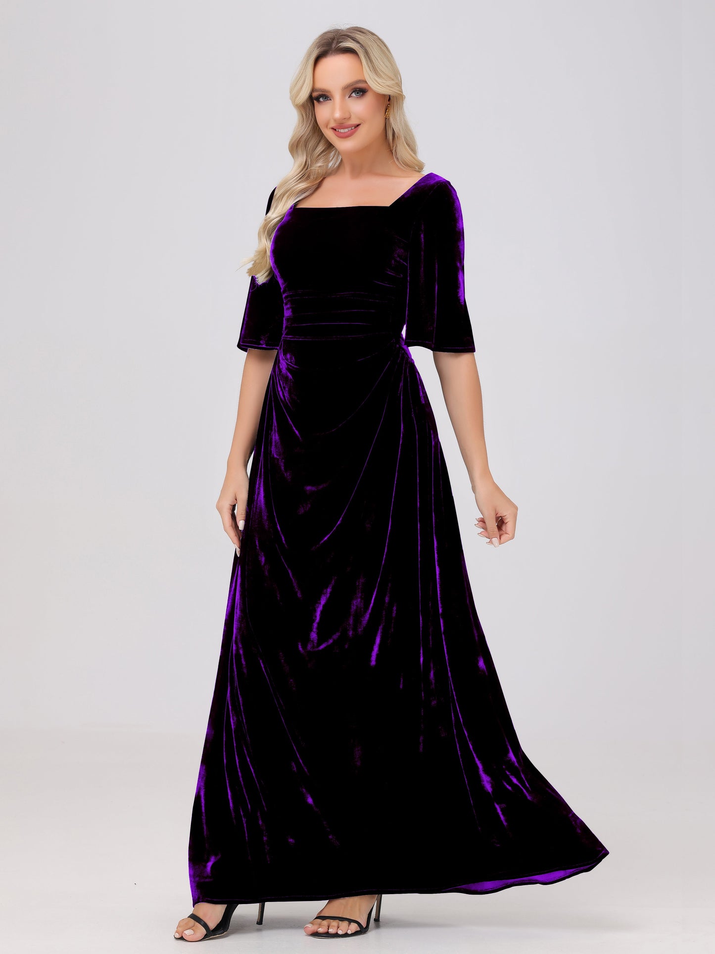Half Sleeves Square Neck Velvet Bridesmaid Dresses