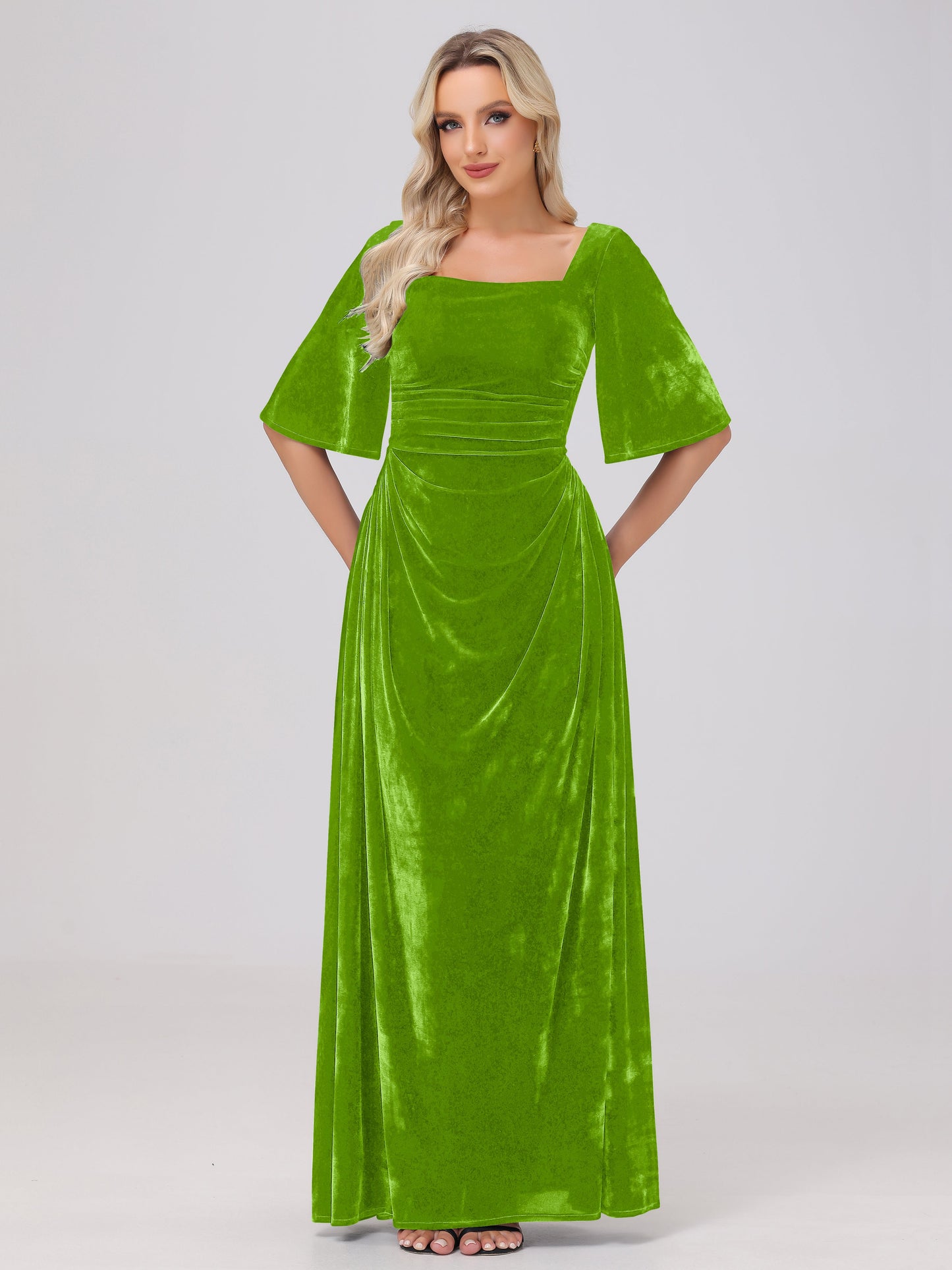 Half Sleeves Square Neck Velvet Bridesmaid Dresses