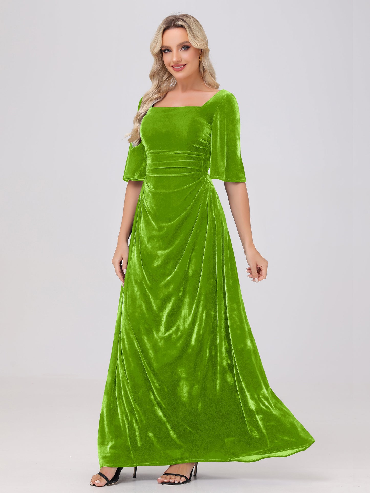 Half Sleeves Square Neck Velvet Bridesmaid Dresses