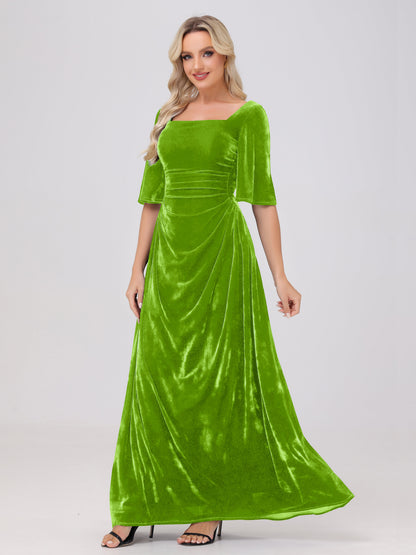 Half Sleeves Square Neck Velvet Bridesmaid Dresses
