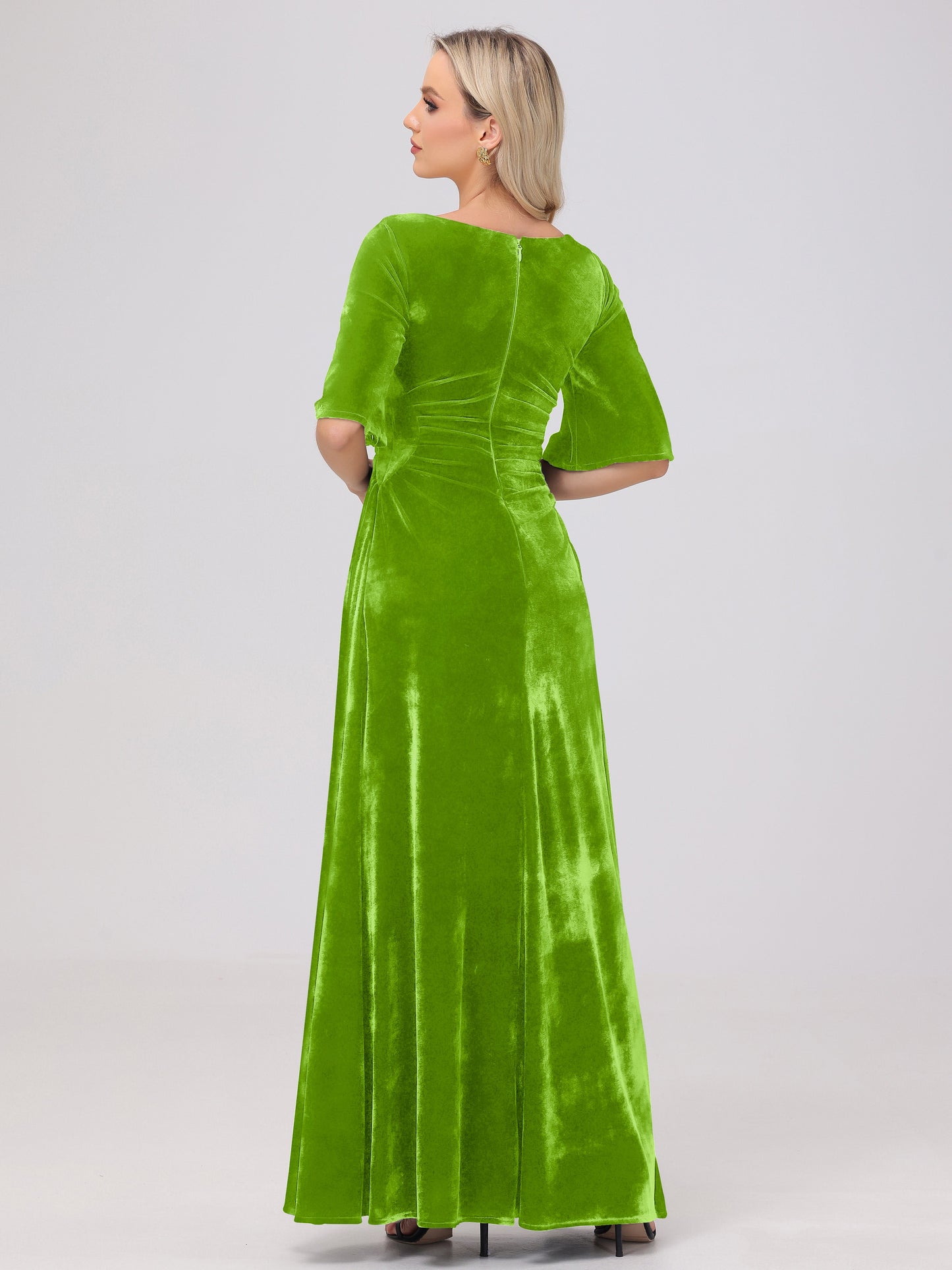 Half Sleeves Square Neck Velvet Bridesmaid Dresses