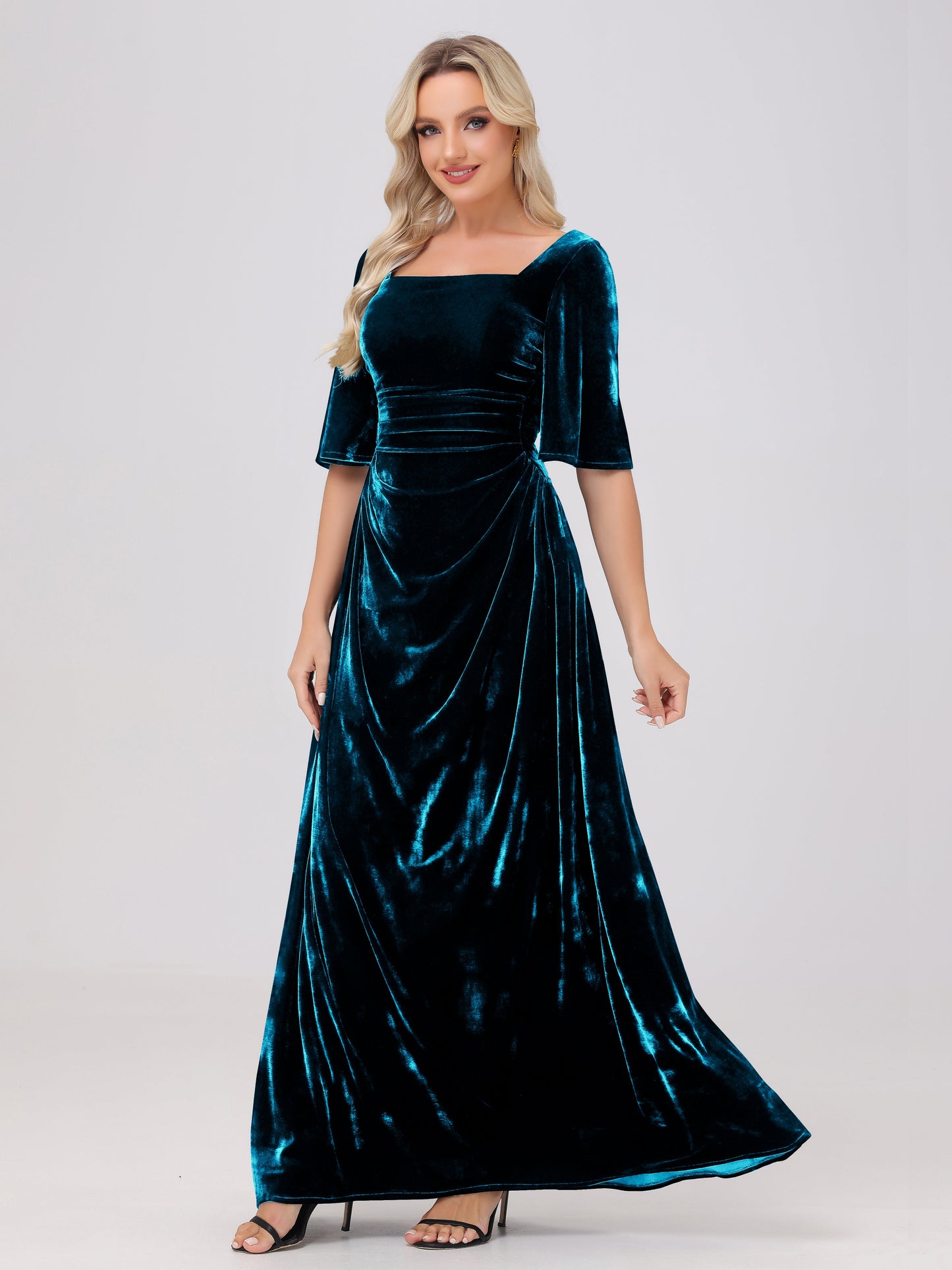 Half Sleeves Square Neck Velvet Bridesmaid Dresses