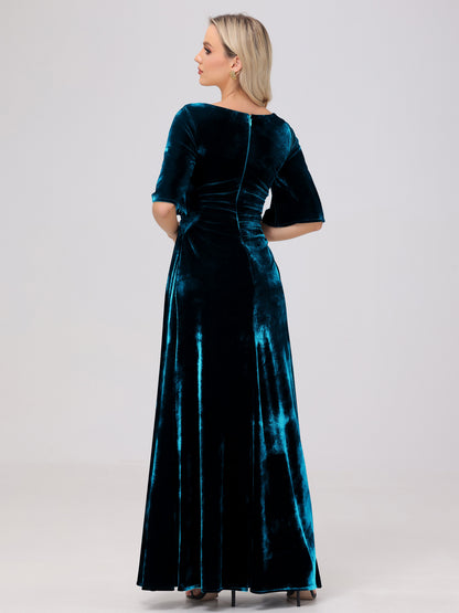 Half Sleeves Square Neck Velvet Bridesmaid Dresses