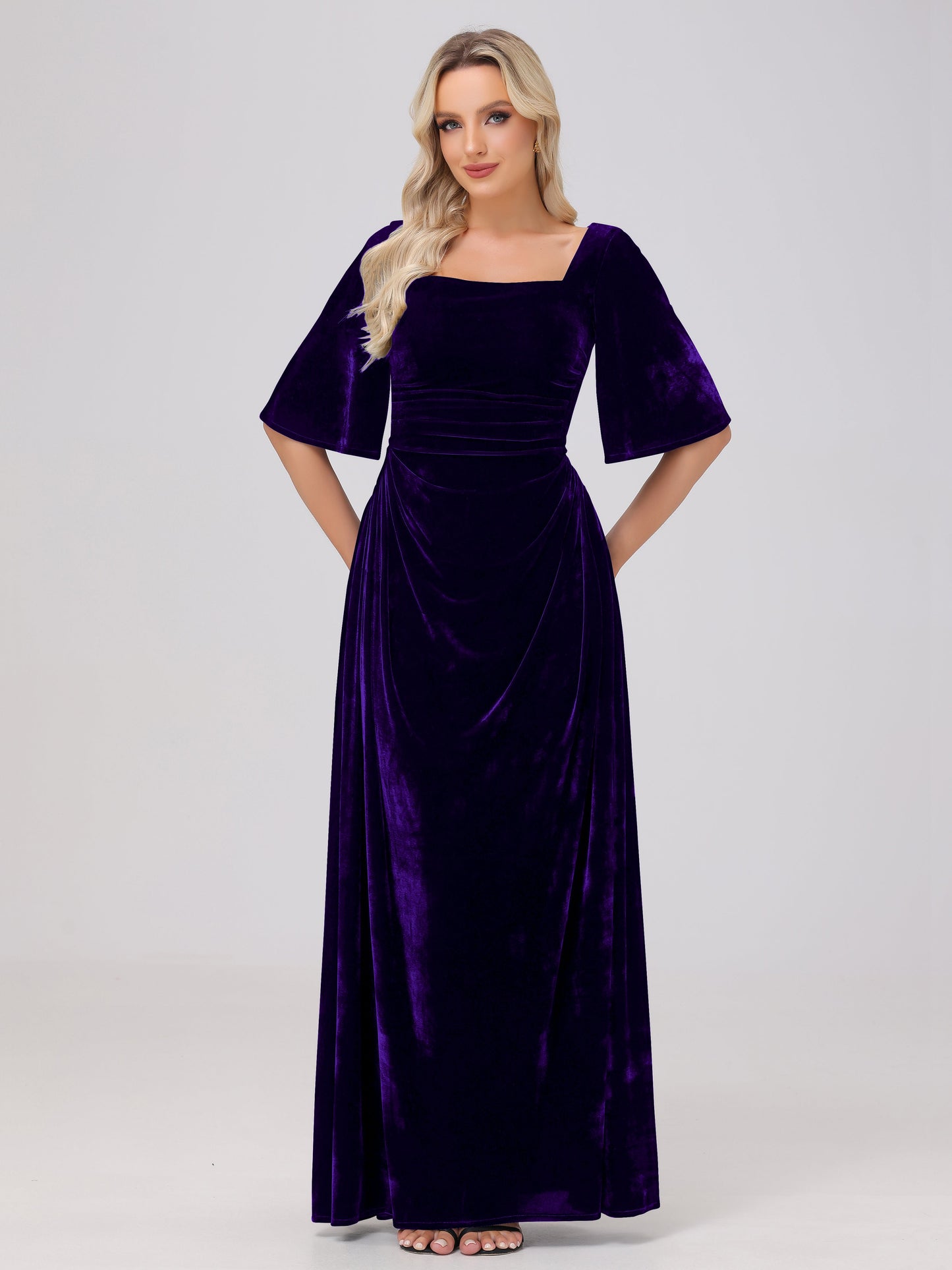 Half Sleeves Square Neck Velvet Bridesmaid Dresses