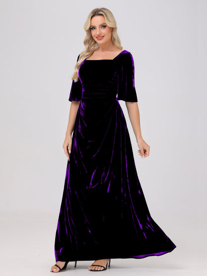 Half Sleeves Square Neck Velvet Bridesmaid Dresses