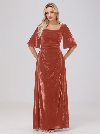 Half Sleeves Square Neck Velvet Bridesmaid Dresses