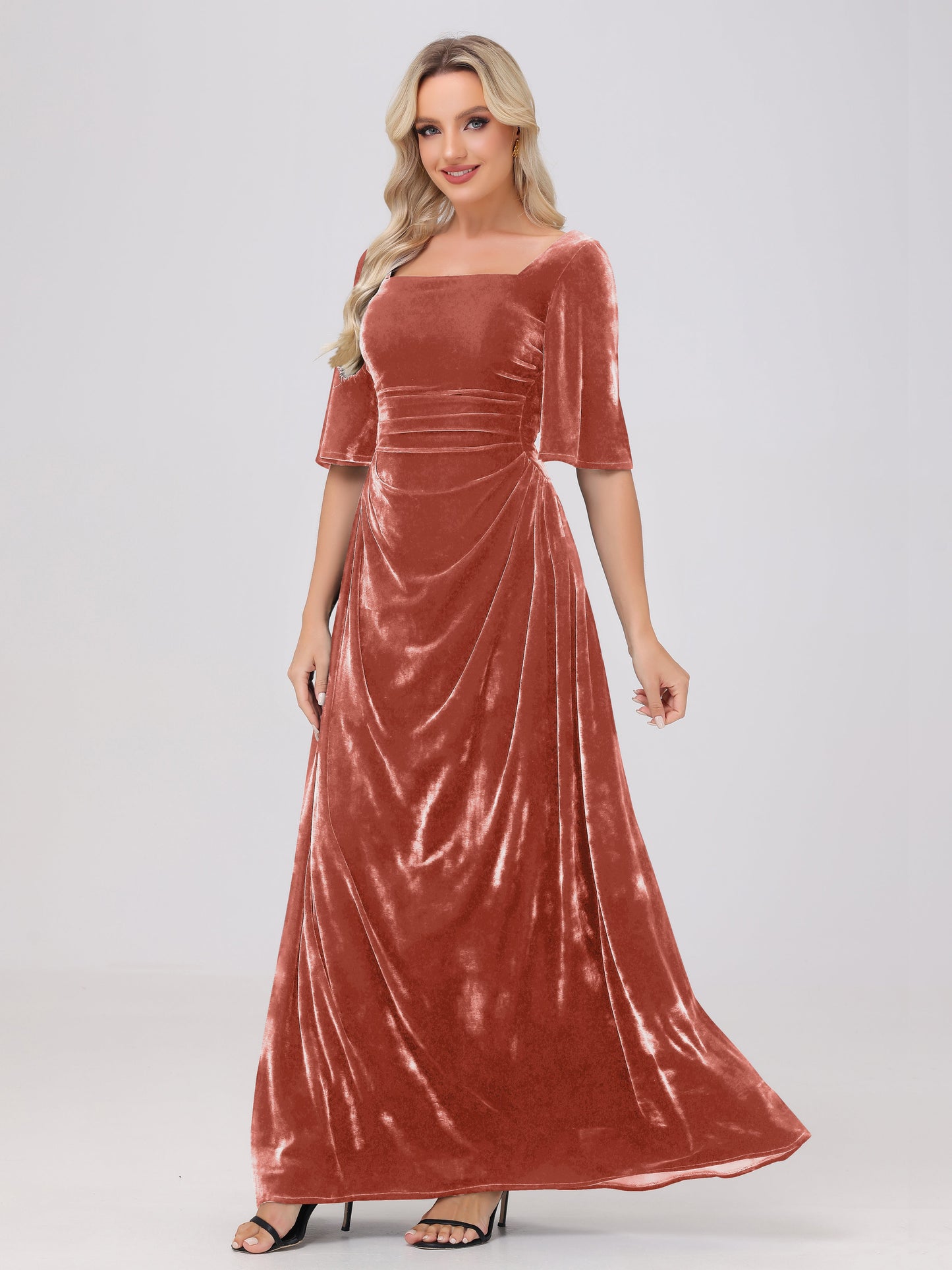 Half Sleeves Square Neck Velvet Bridesmaid Dresses