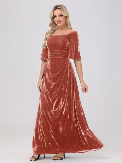 Half Sleeves Square Neck Velvet Bridesmaid Dresses