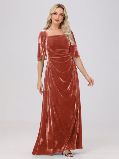 Half Sleeves Square Neck Velvet Bridesmaid Dresses