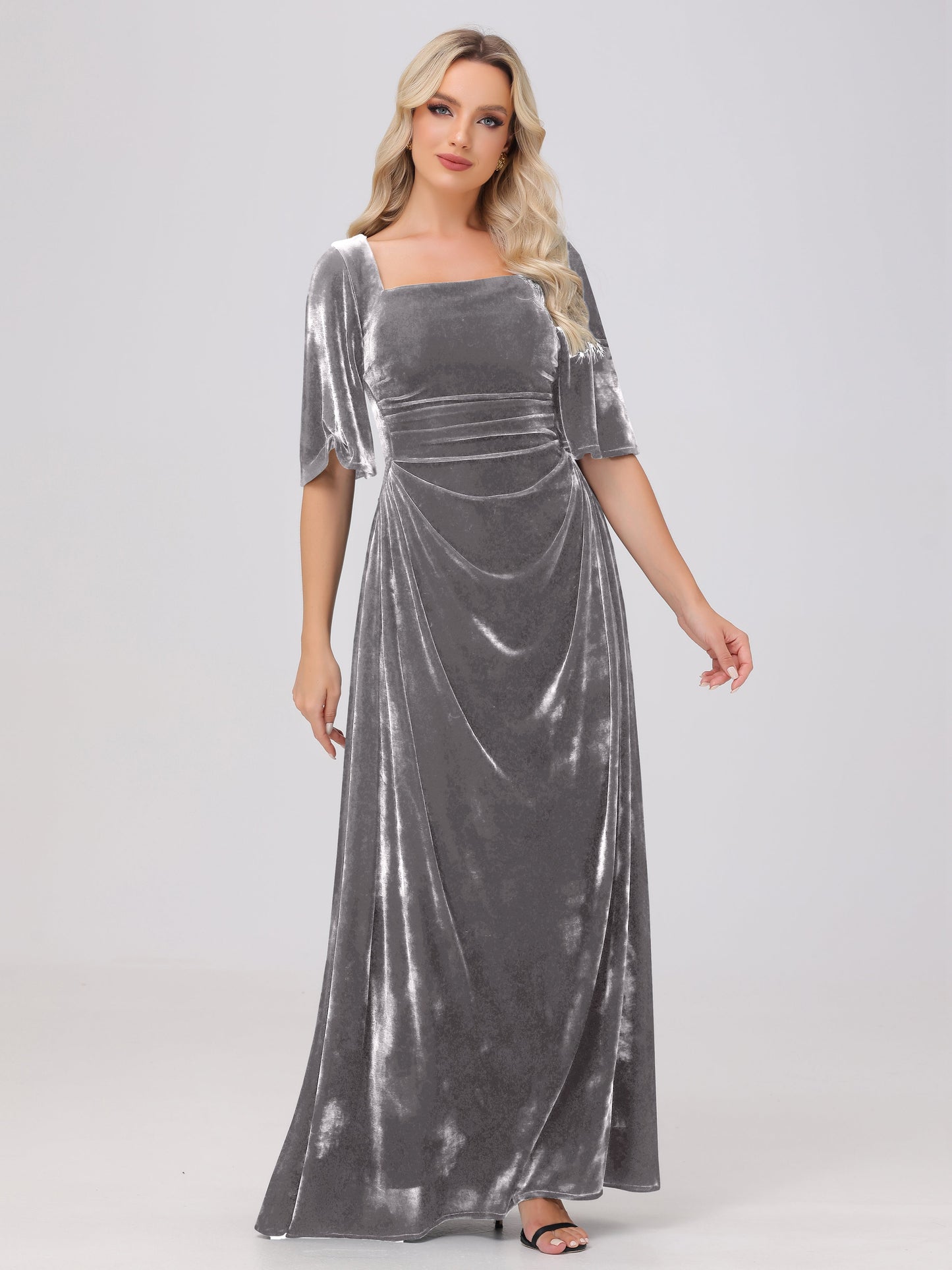 Half Sleeves Square Neck Velvet Bridesmaid Dresses