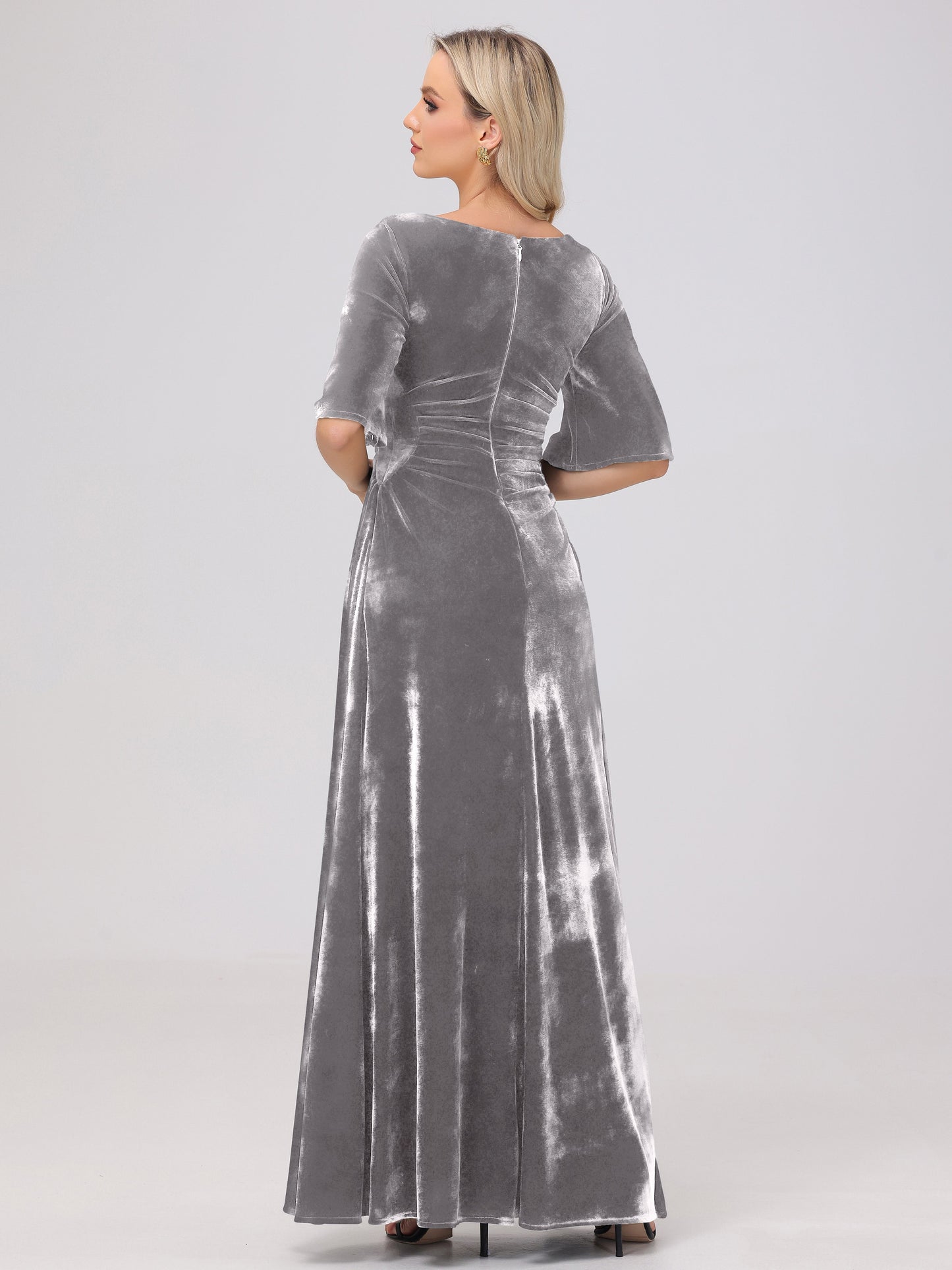 Half Sleeves Square Neck Velvet Bridesmaid Dresses