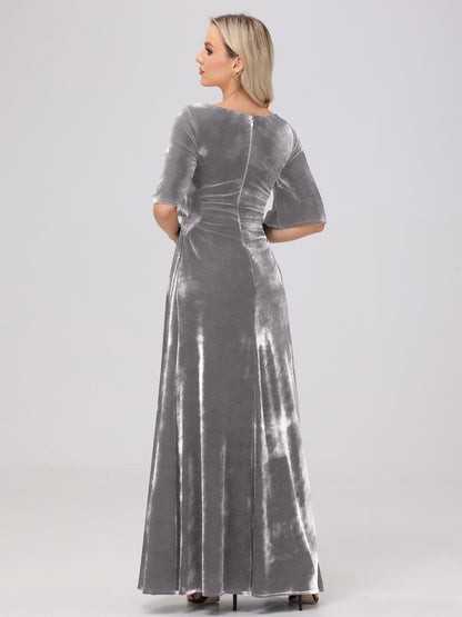 Half Sleeves Square Neck Velvet Bridesmaid Dresses