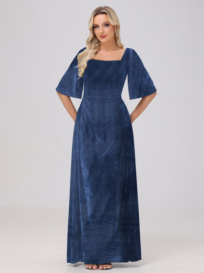 Half Sleeves Square Neck Velvet Bridesmaid Dresses