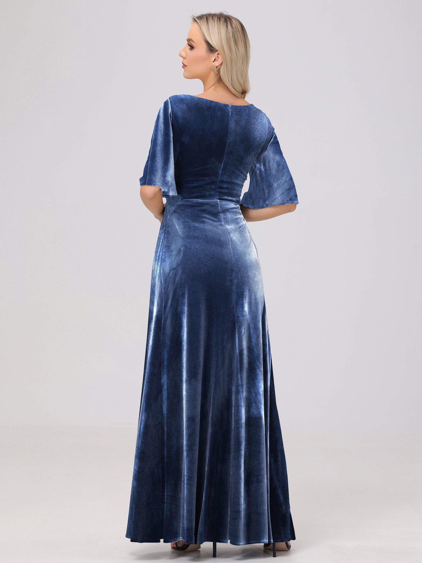 Half Sleeves Square Neck Velvet Bridesmaid Dresses