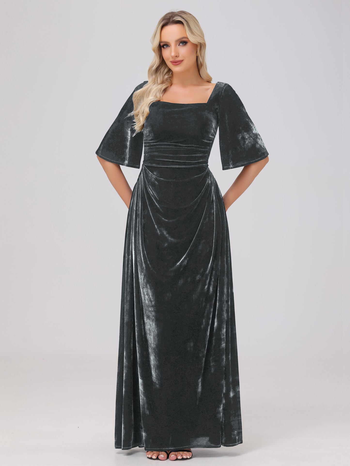 Half Sleeves Square Neck Velvet Bridesmaid Dresses