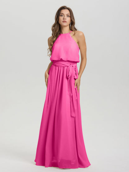 Halter Scoop Neck Sleeveless Floor Length Chiffon Bridesmaid Dress with Sashes