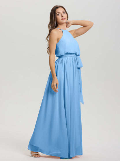 Halter Scoop Neck Sleeveless Floor Length Chiffon Bridesmaid Dress with Sashes