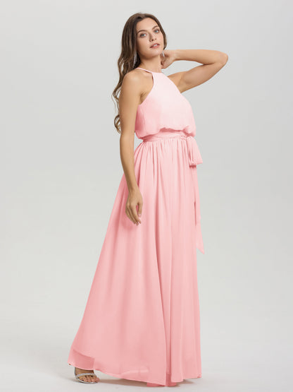 Halter Scoop Neck Sleeveless Floor Length Chiffon Bridesmaid Dress with Sashes