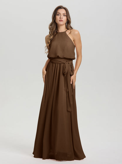 Halter Scoop Neck Sleeveless Floor Length Chiffon Bridesmaid Dress with Sashes