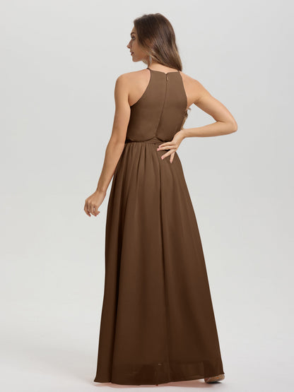 Halter Scoop Neck Sleeveless Floor Length Chiffon Bridesmaid Dress with Sashes