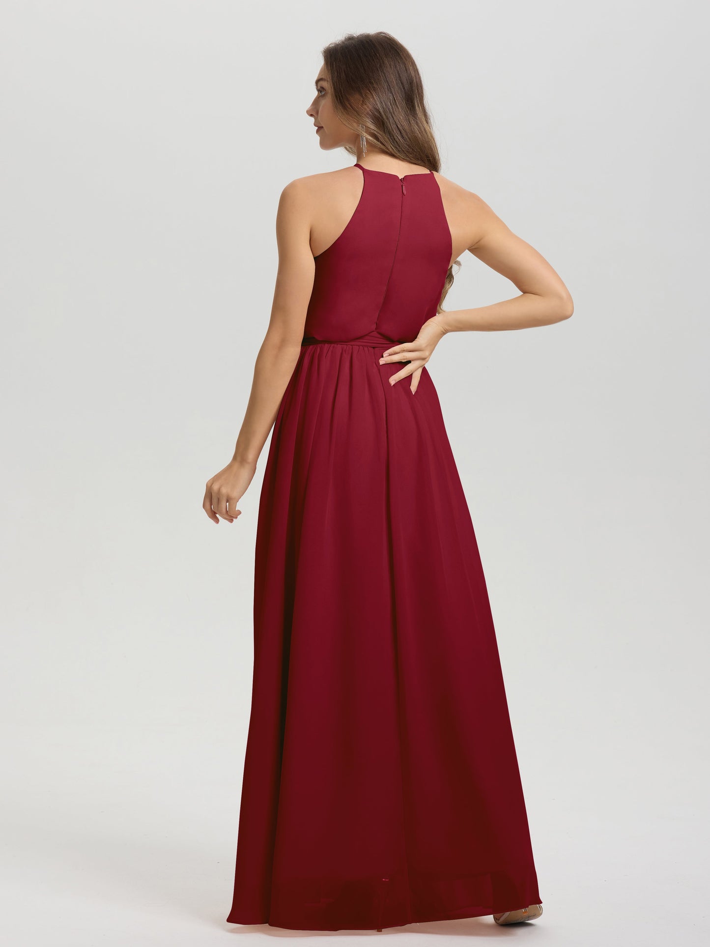 Halter Scoop Neck Sleeveless Floor Length Chiffon Bridesmaid Dress with Sashes